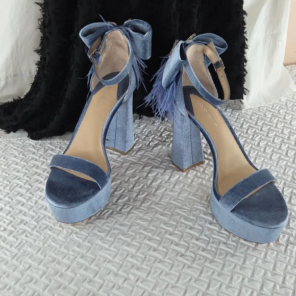 Antonio Melani Womans Powder Blue Platforms  9 Ostrich Feathers Leather Velvet - Picture 6 of 12